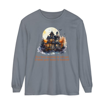 Comfort Colors Seven 'I've been meaning to tell you your house is haunted' Unisex Long Sleeve T-Shirt - Midnights